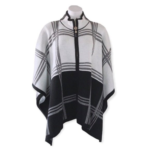 Anne Klein Cape Poncho Sweater Turtleneck Plaid Blk White Size L, New w/Tag $149 - Picture 11 of 11